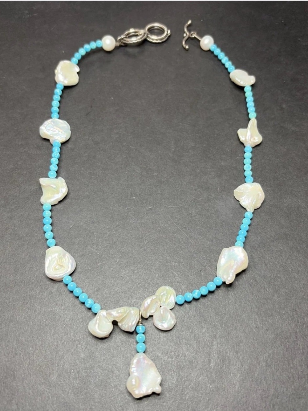 Handmade Turquoise Bead Necklace with White Baroque Pearls size 18”